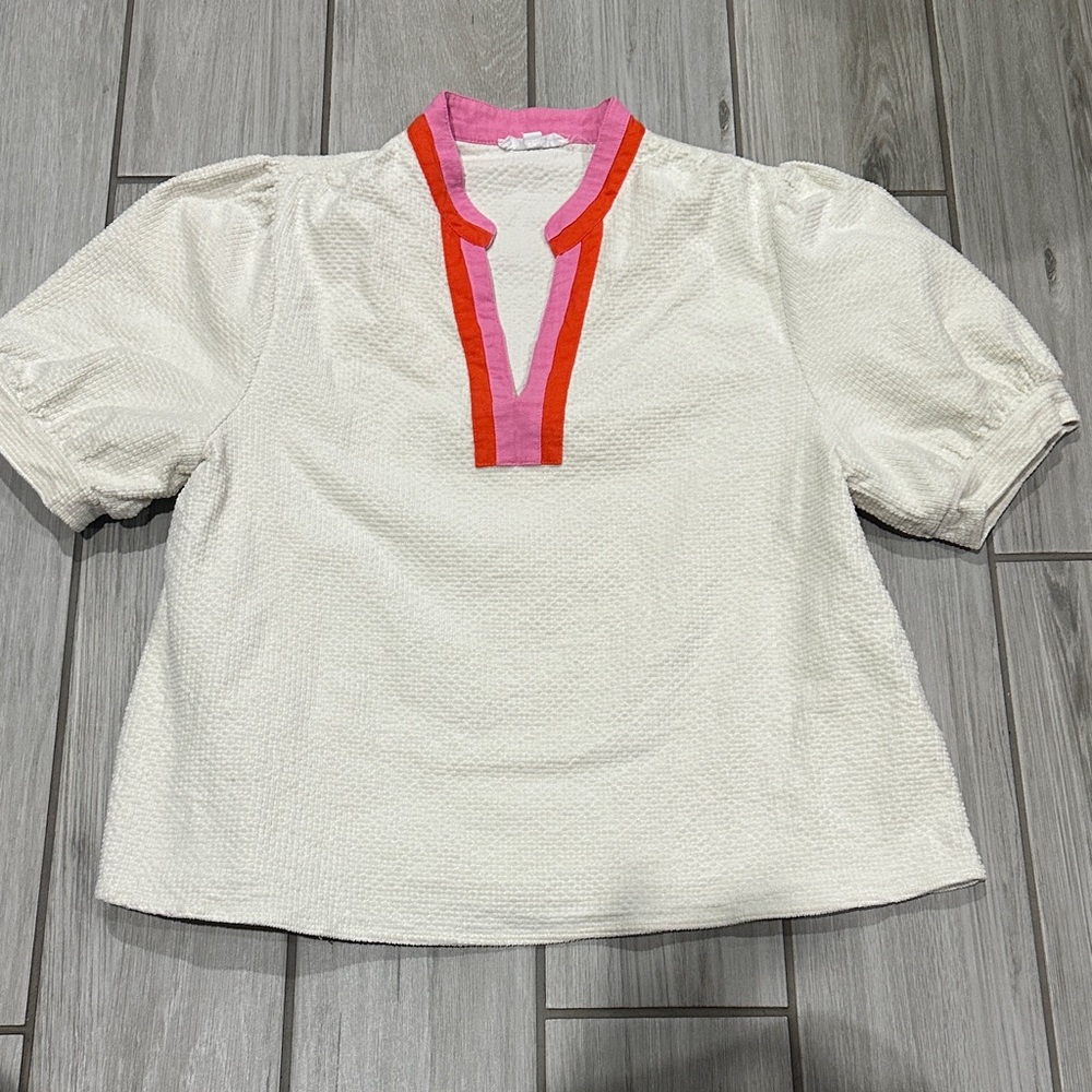 THML White Textured Blouse with Pink and Red Trim